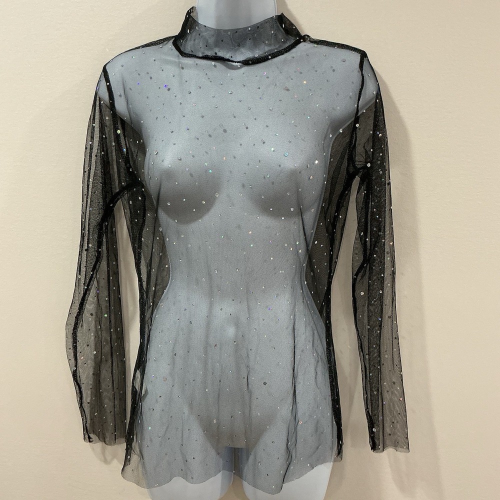 Black Sheer Mesh Rhinestone Long Sleeve Top Y2K Glam Embellished Blouse M